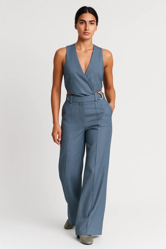 Tweedelige Set Dames | Mouwloze Overslagt Top en Pantalon met D-Ring | Modern en Verfijnd