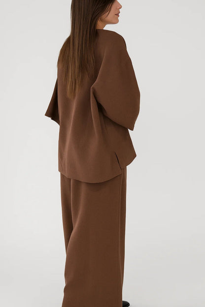 Tweedelige Set Dames | Oversized Top met V-Hals en Wijde Pantalon | Minimalistisch en Comfortabel
