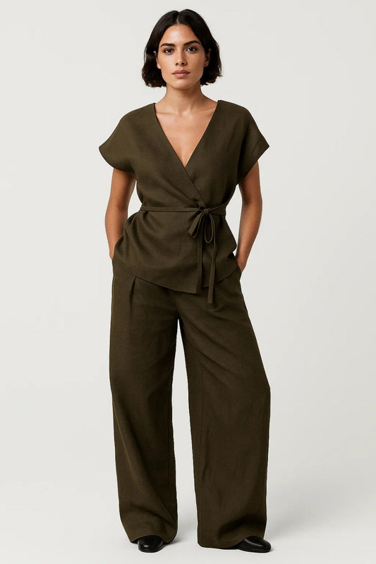 Tweedelige Set Dames | Overslagtop met Strikceintuur en Wijde Pantalon | Elegant en Comfortabel