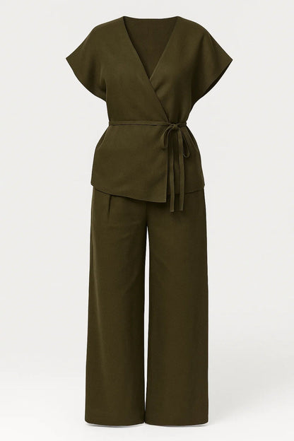 Tweedelige Set Dames | Overslagtop met Strikceintuur en Wijde Pantalon | Elegant en Comfortabel