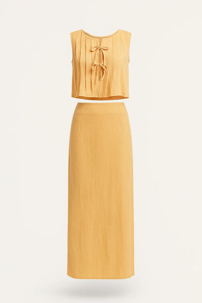 Tweedelige Set | Mouwloze Top met Strikdetail | Zomerse Midi Rok
