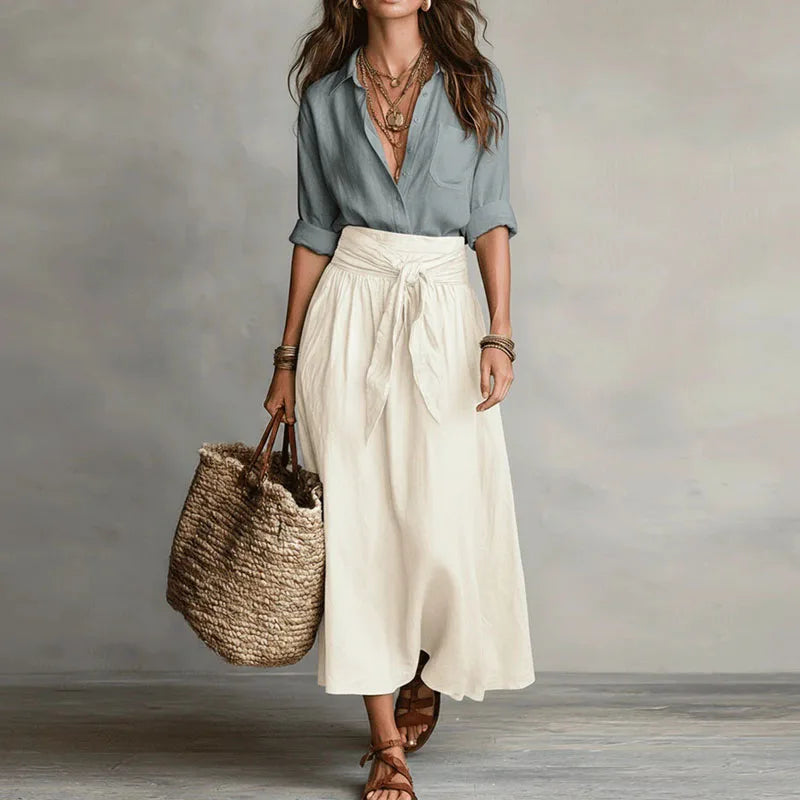 Vera - Elegante Linnen Maxi Rok Dames met Strikceintuur en Hoge Taille