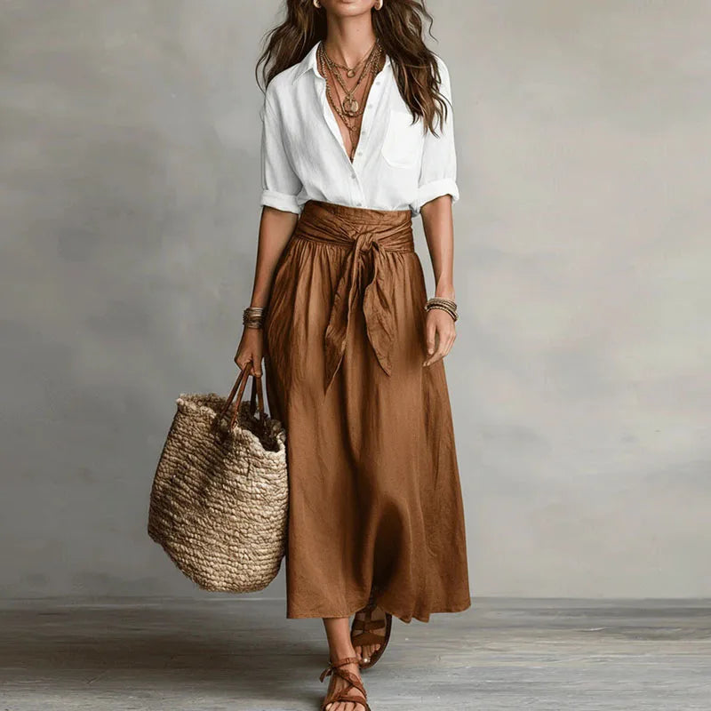 Vera - Elegante Linnen Maxi Rok Dames met Strikceintuur en Hoge Taille