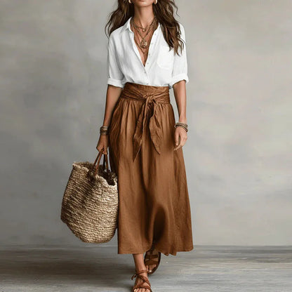 Vera - Elegante Linnen Maxi Rok Dames met Strikceintuur en Hoge Taille