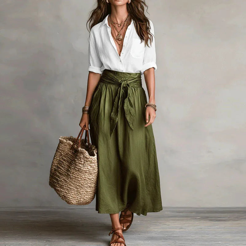 Vera - Elegante Linnen Maxi Rok Dames met Strikceintuur en Hoge Taille
