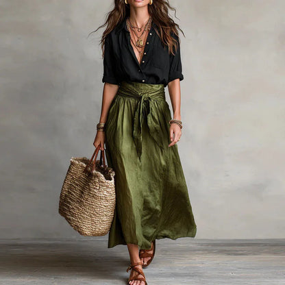 Vera - Elegante Linnen Maxi Rok Dames met Strikceintuur en Hoge Taille