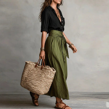 Vera - Elegante Linnen Maxi Rok Dames met Strikceintuur en Hoge Taille