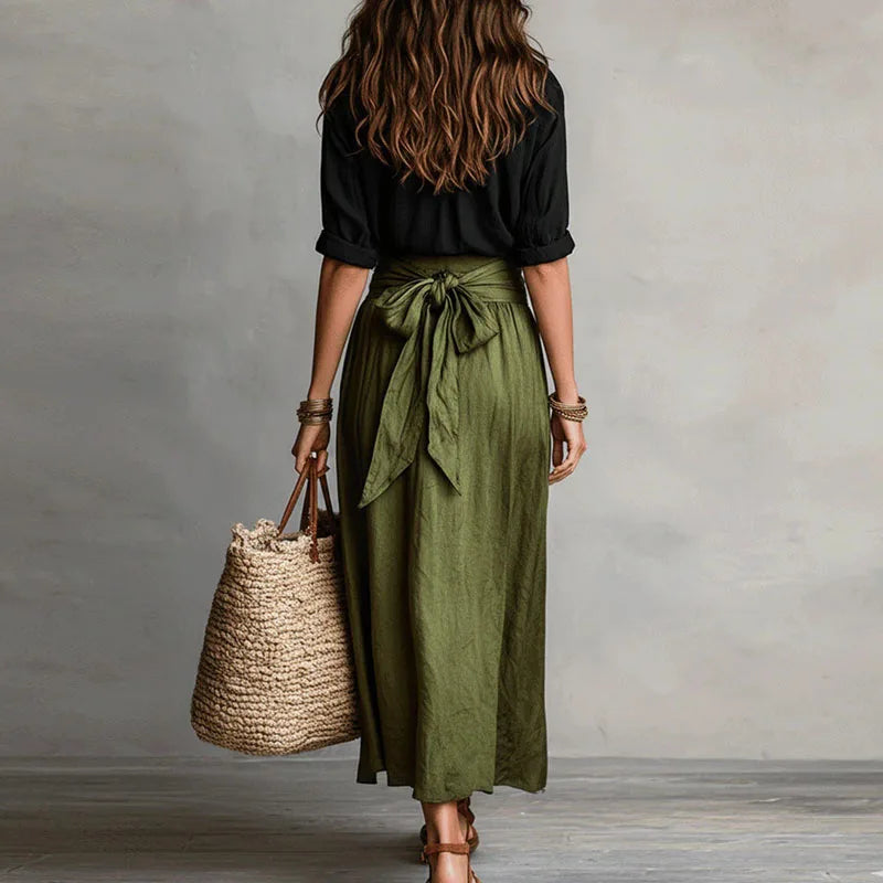 Vera - Elegante Linnen Maxi Rok Dames met Strikceintuur en Hoge Taille