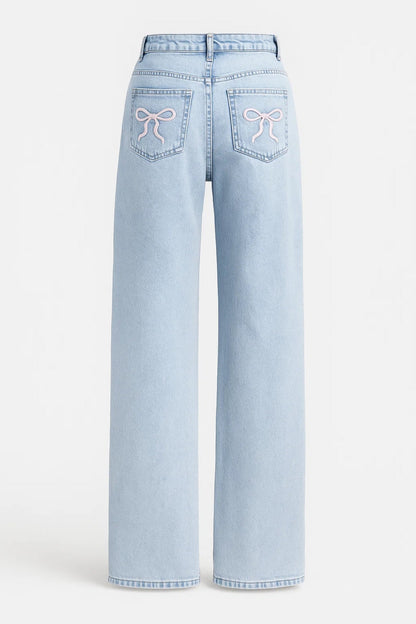 Wide Leg Jeans | Speelse Broek met Kersenpatroon | Hoge Taille