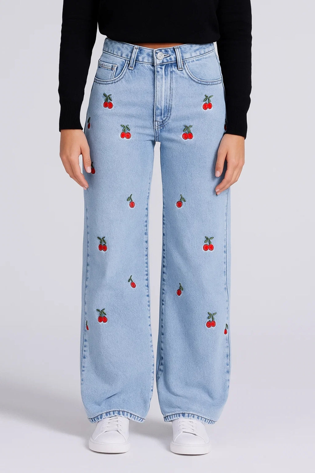 Wide Leg Jeans | Speelse Broek met Kersenpatroon | Hoge Taille