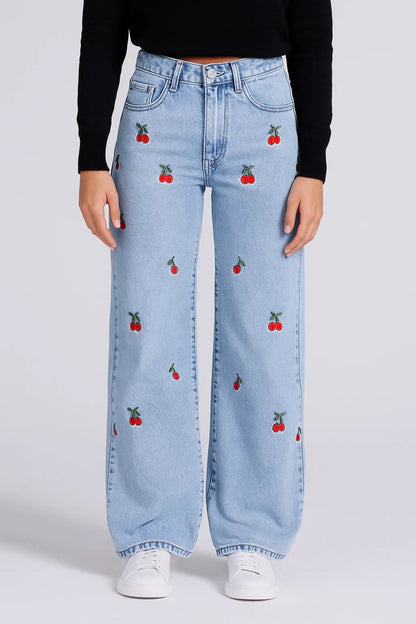 Wide Leg Jeans | Speelse Broek met Kersenpatroon | Hoge Taille