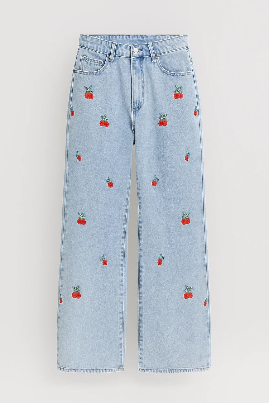 Wide Leg Jeans | Speelse Broek met Kersenpatroon | Hoge Taille