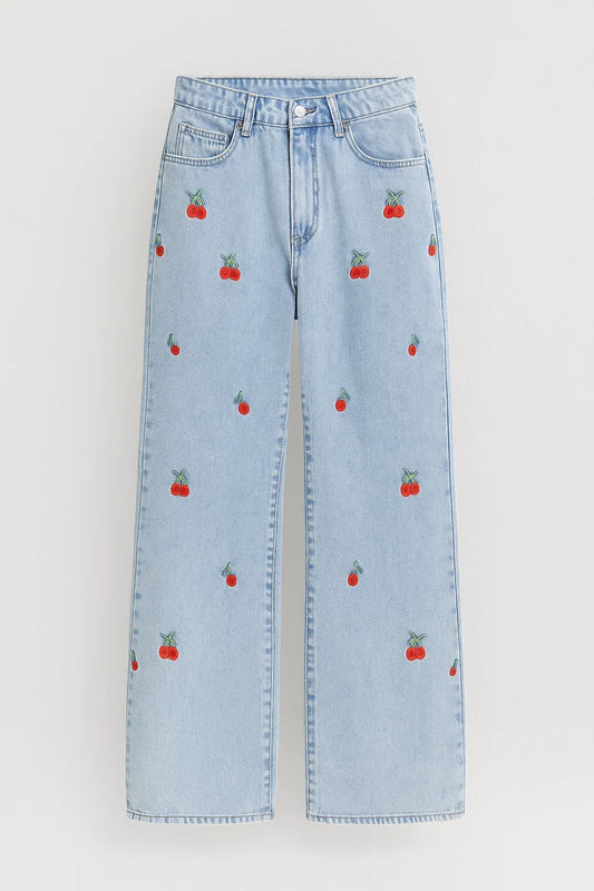 Wide Leg Jeans | Speelse Broek met Kersenpatroon | Hoge Taille