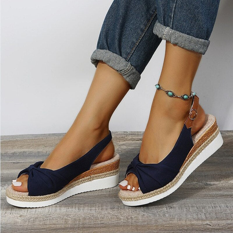 Yara - Boho Comfort Sandalen Dames met Geknoopte Strik en Sleehak