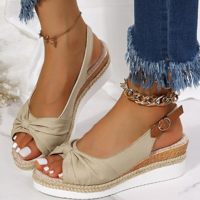Yara - Boho Comfort Sandalen Dames met Geknoopte Strik en Sleehak