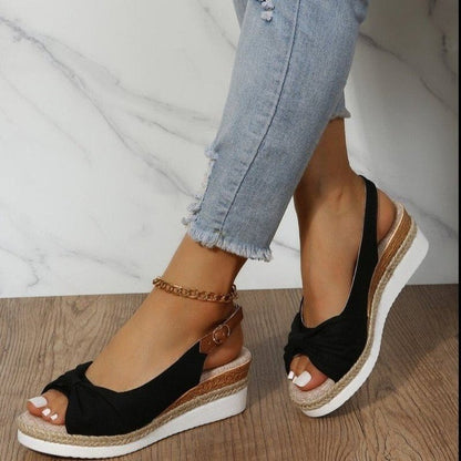 Yara - Boho Comfort Sandalen Dames met Geknoopte Strik en Sleehak