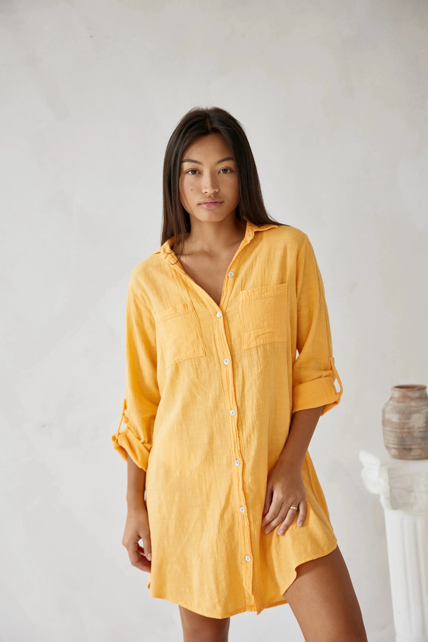 Yara - Boho Linnen Blouse Dames met Borstzak en Oprolbare Mouwen