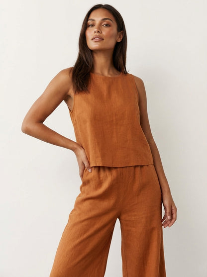 Yara - Chique Linnen Set Dames met Mouwloze Top en Vloeiende Palazzo Broek