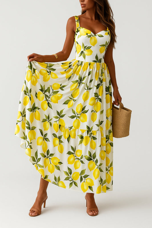 Zomerse Maxi Jurk met Citroenprint | Mouwloos | Asymmetrische Zoom