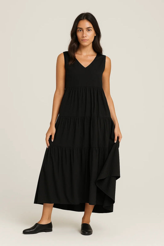 Zomerse Midi Jurk | Mouwloos met Gelaagde Rok | Lichtgewicht en Ademend