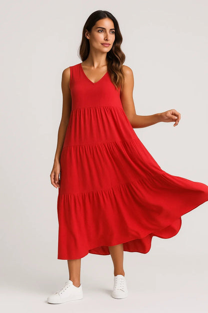 Zomerse Midi Jurk | Mouwloos met Gelaagde Rok | Lichtgewicht en Ademend
