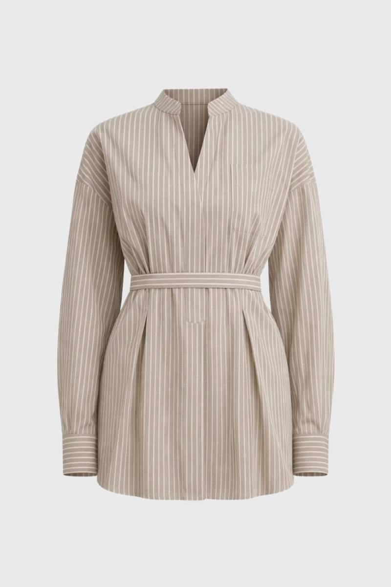 Blouse Dames - Gestreept met Ceintuur | Getailleerde V-hals - Gestreept Taupe