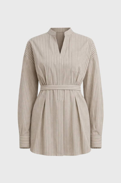 Blouse Dames - Gestreept met Ceintuur | Getailleerde V-hals - Gestreept Taupe