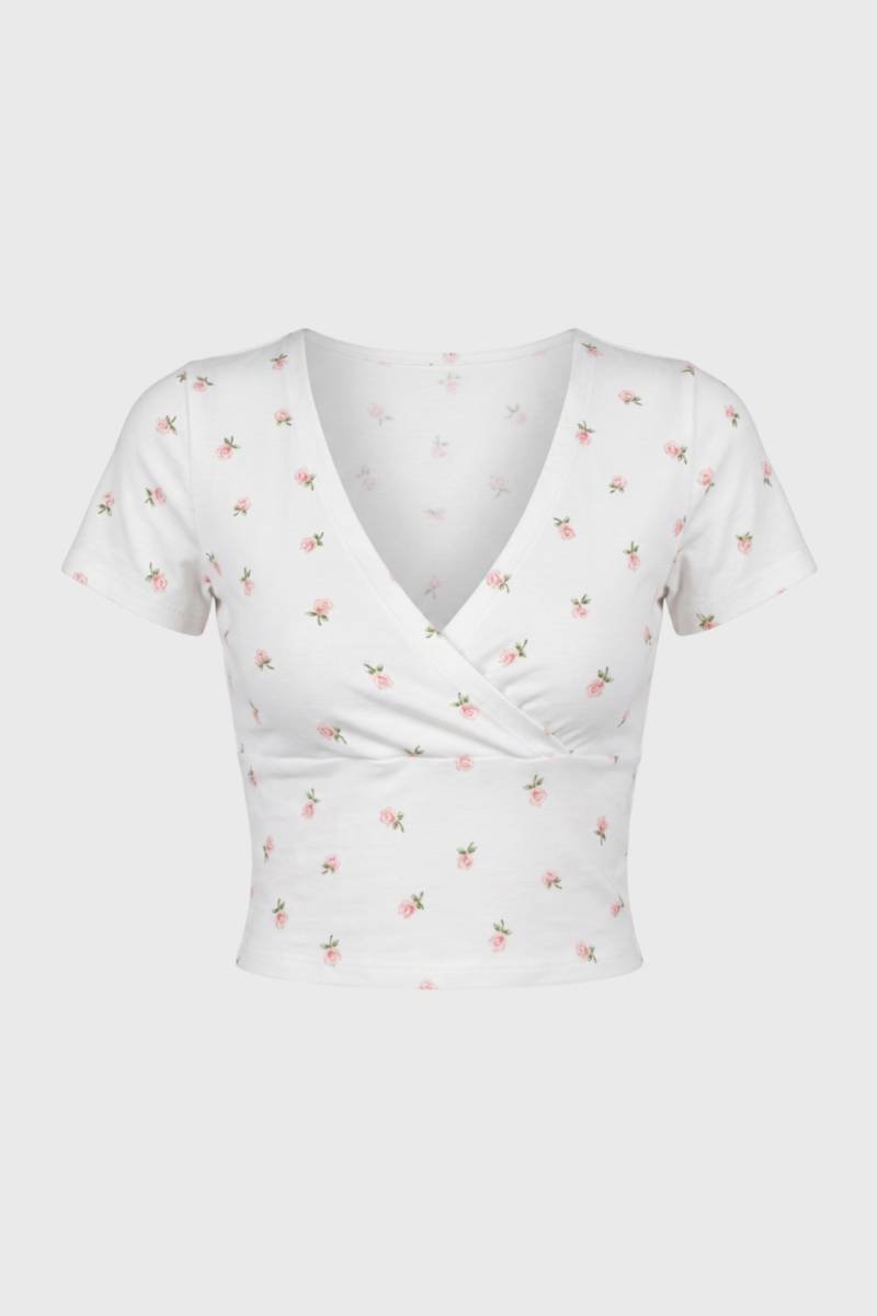 Crop Top Dames - V-hals Wikkel | Korte Mouwen — Wit Bloemen