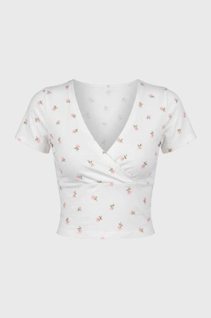 Crop Top Dames - V-hals Wikkel | Korte Mouwen — Wit Bloemen