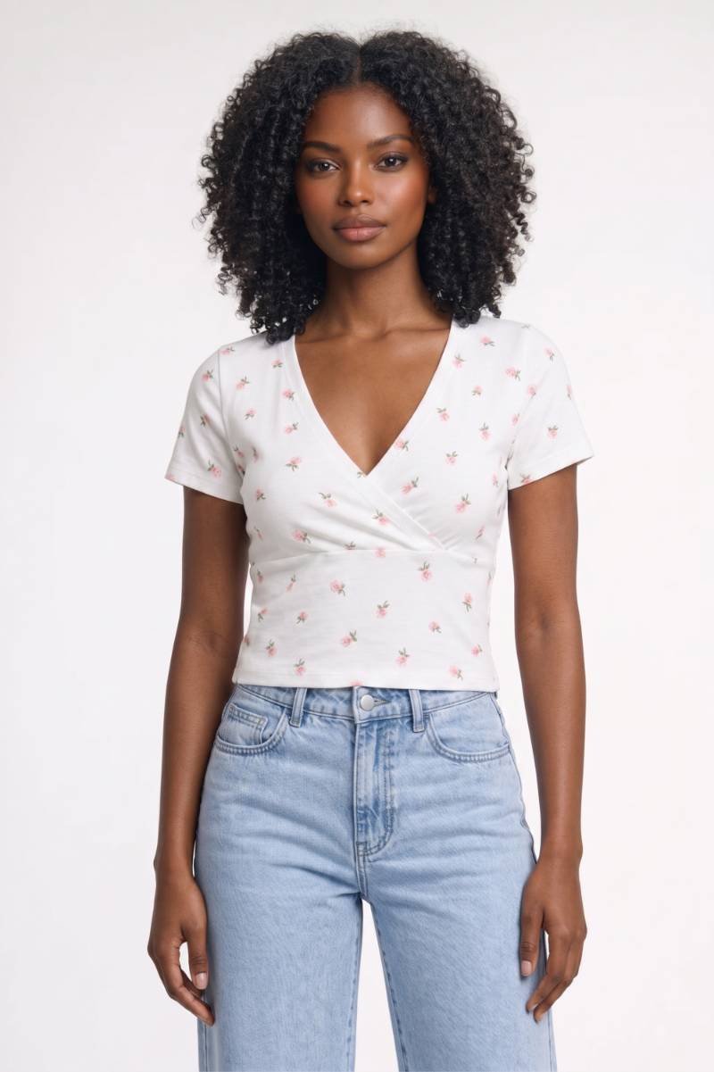 Crop Top Dames - V-hals Wikkel | Korte Mouwen — Wit Bloemen