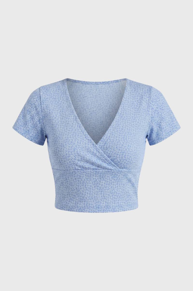 Crop Top Dames - V-hals Wikkel | Korte Mouwen — Lichtblauw