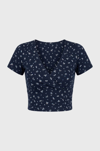 Crop Top Dames - V-hals Wikkel | Korte Mouwen — Navy Bloemen