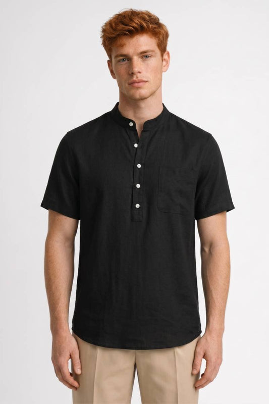 Henley Shirt Heren - Klassiek | Staande Kraag met Knoopsluiting — Zwart