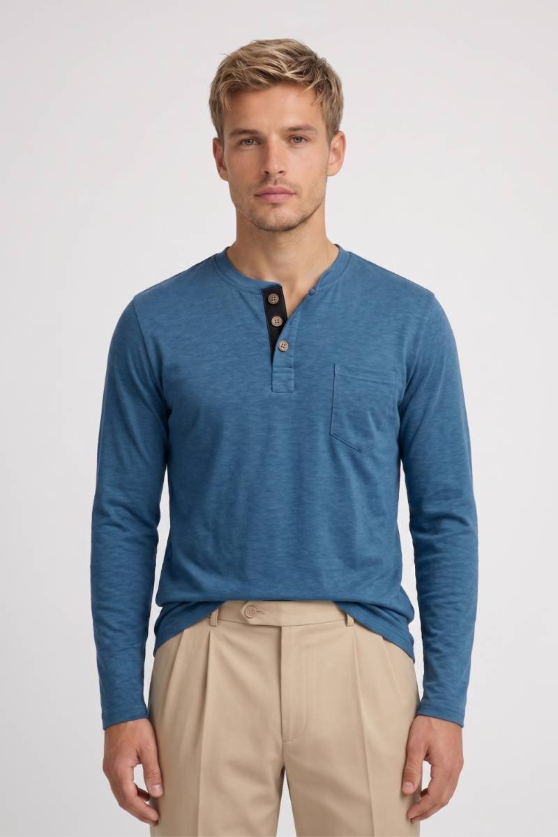 Henley Shirt Heren - Lange Mouwen Casual | Knoopsluiting — Blauw