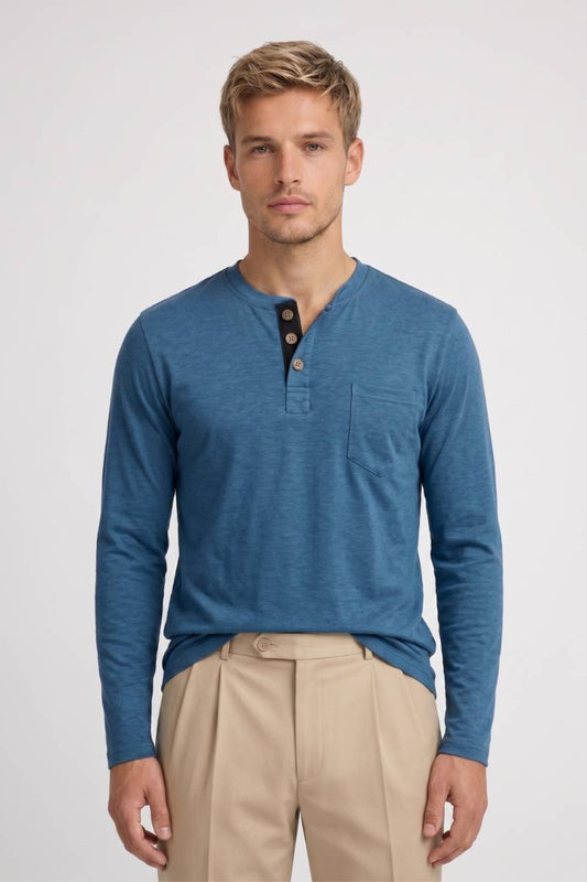 Henley Shirt Heren - Lange Mouwen Casual | Knoopsluiting — Blauw