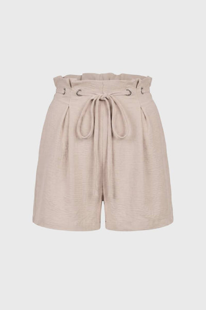 Korte Broek Dames - Hoge Taille met Strikceintuur | Paperbag — Beige