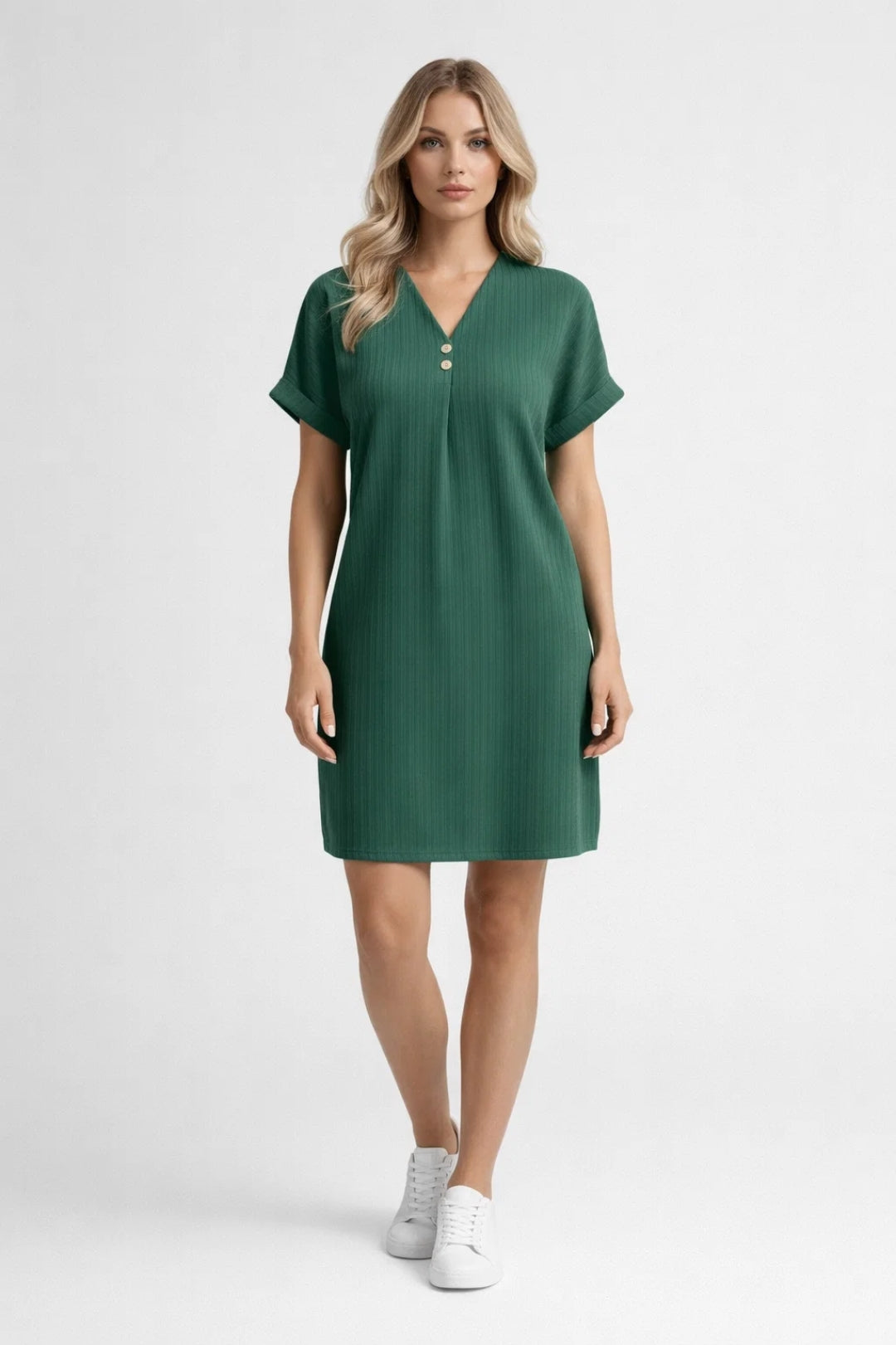 Mini Jurk Dames - V-hals met Korte Mouwen en Knoopdetail | Casual