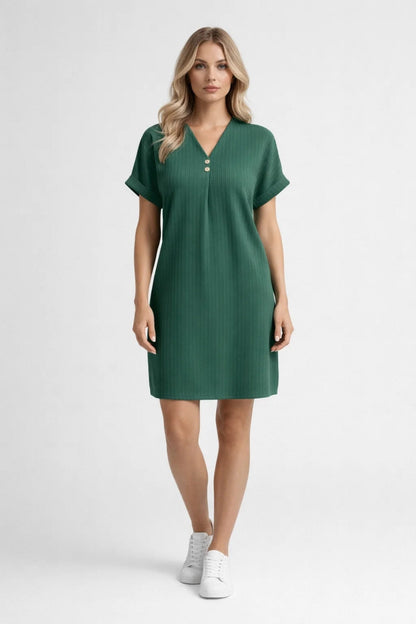 Mini Jurk Dames - V-hals met Korte Mouwen en Knoopdetail | Casual