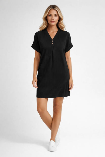 Mini Jurk Dames - V-hals met Korte Mouwen en Knoopdetail | Casual