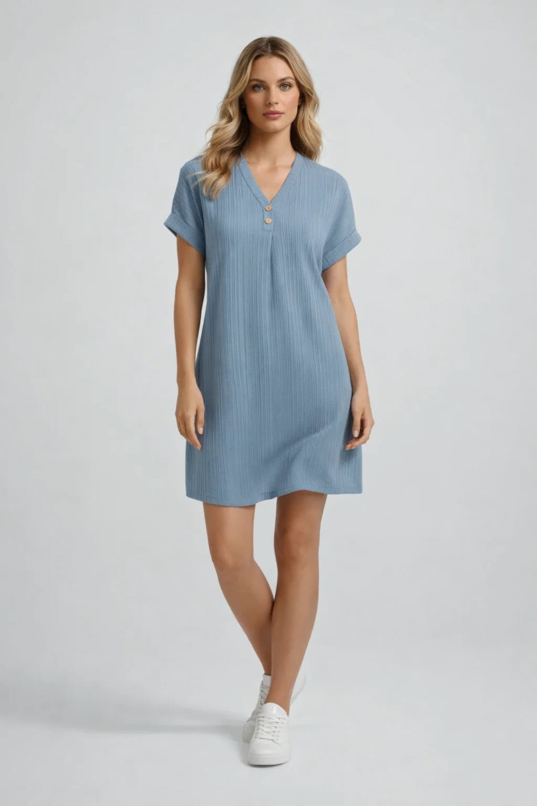 Mini Jurk Dames - V-hals met Korte Mouwen en Knoopdetail | Casual