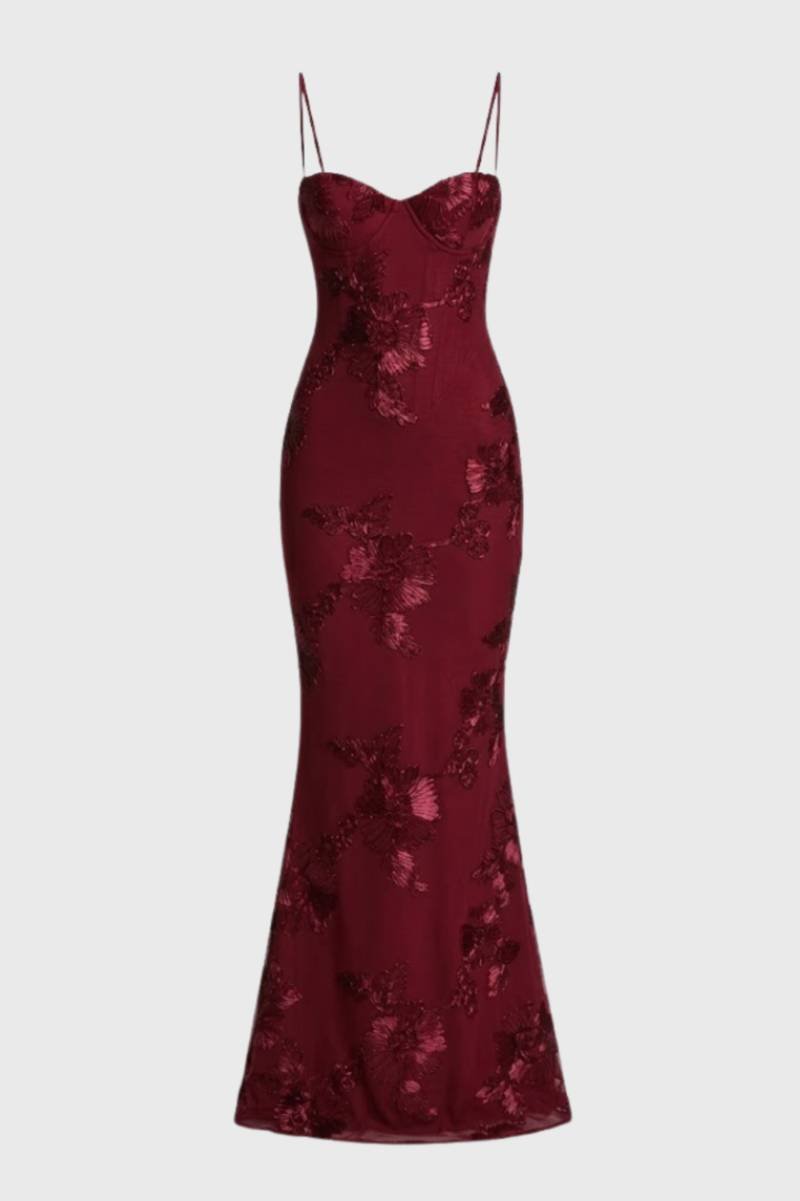 Maxi Jurk Dames - Elegant Bustier met Spaghetti Bandjes | Getailleerd - Bloemen Bordeaux