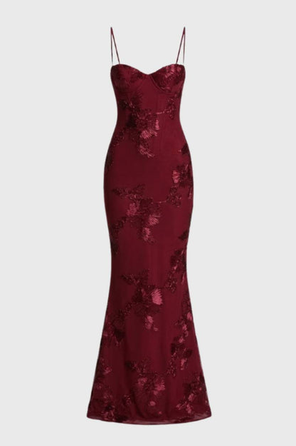 Maxi Jurk Dames - Elegant Bustier met Spaghetti Bandjes | Getailleerd - Bloemen Bordeaux
