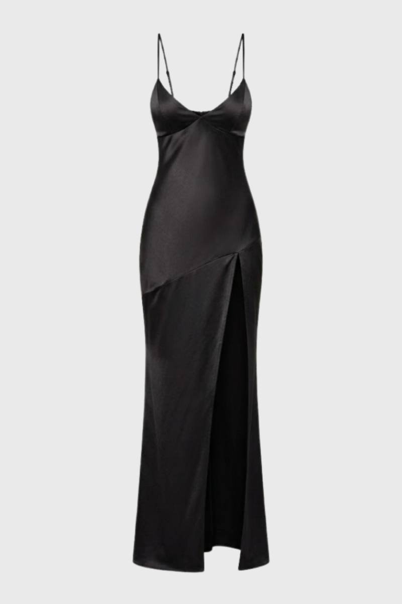 Maxi Jurk Dames - Elegant met Diepe V-hals | Split Detail — Zwart