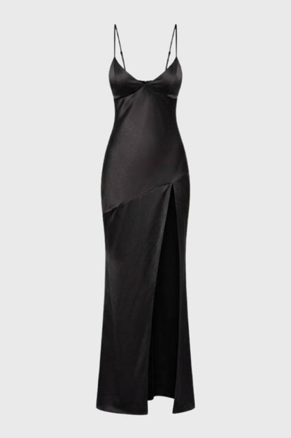 Maxi Jurk Dames - Elegant met Diepe V-hals | Split Detail — Zwart