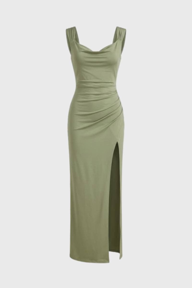 Maxi Jurk Dames - Getailleerd met Split | Elegante V-Hals - Olijfgroen