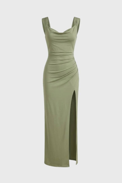 Maxi Jurk Dames - Getailleerd met Split | Elegante V-Hals - Olijfgroen