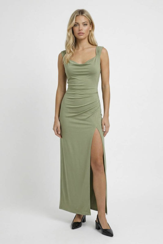 Maxi Jurk Dames - Getailleerd met Split | Elegante V-Hals - Olijfgroen
