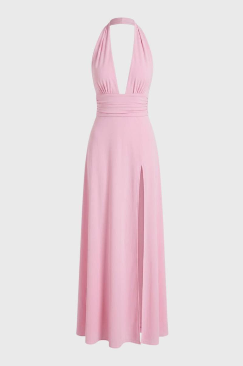 Maxi Jurk Dames - Halter met Diepe V-hals | Elegante Split - Lichtroze