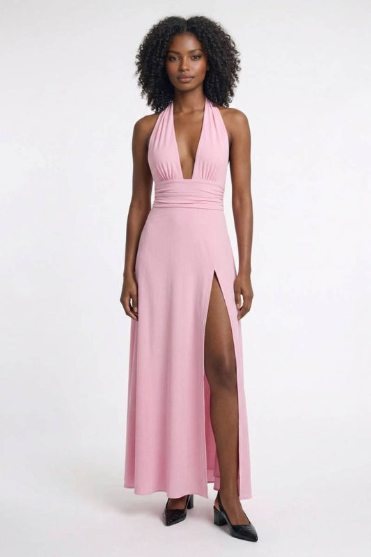 Maxi Jurk Dames - Halter met Diepe V-hals | Elegante Split - Lichtroze