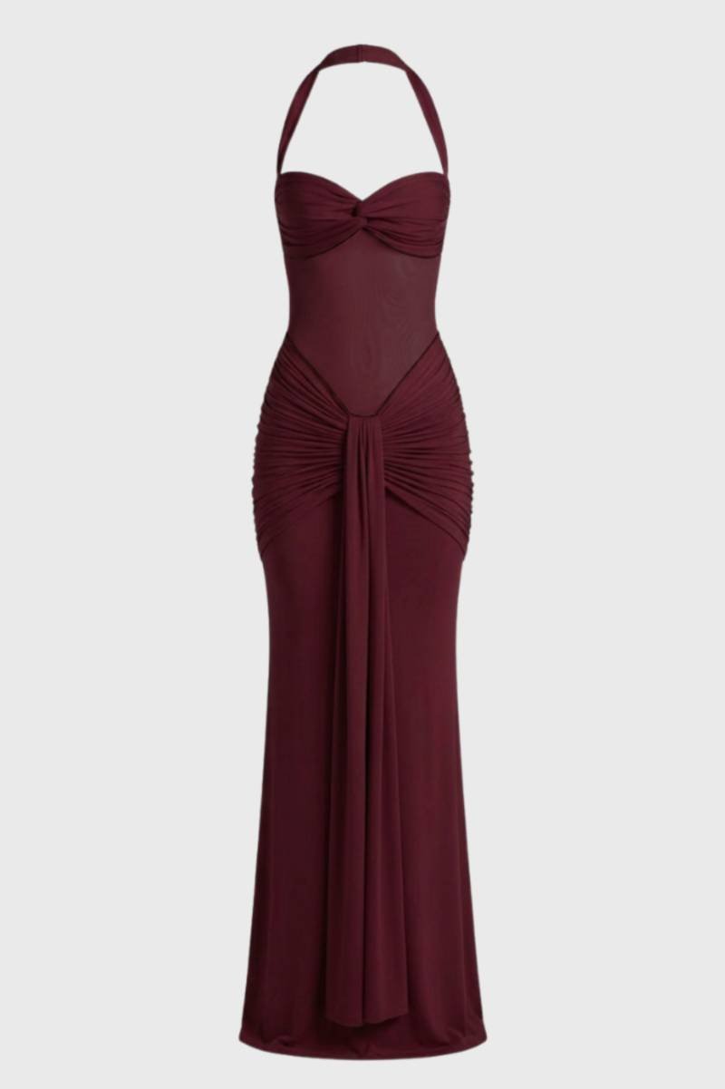 Maxi Jurk Dames - Halter met Drapering | Getailleerde Fit - Bordeaux